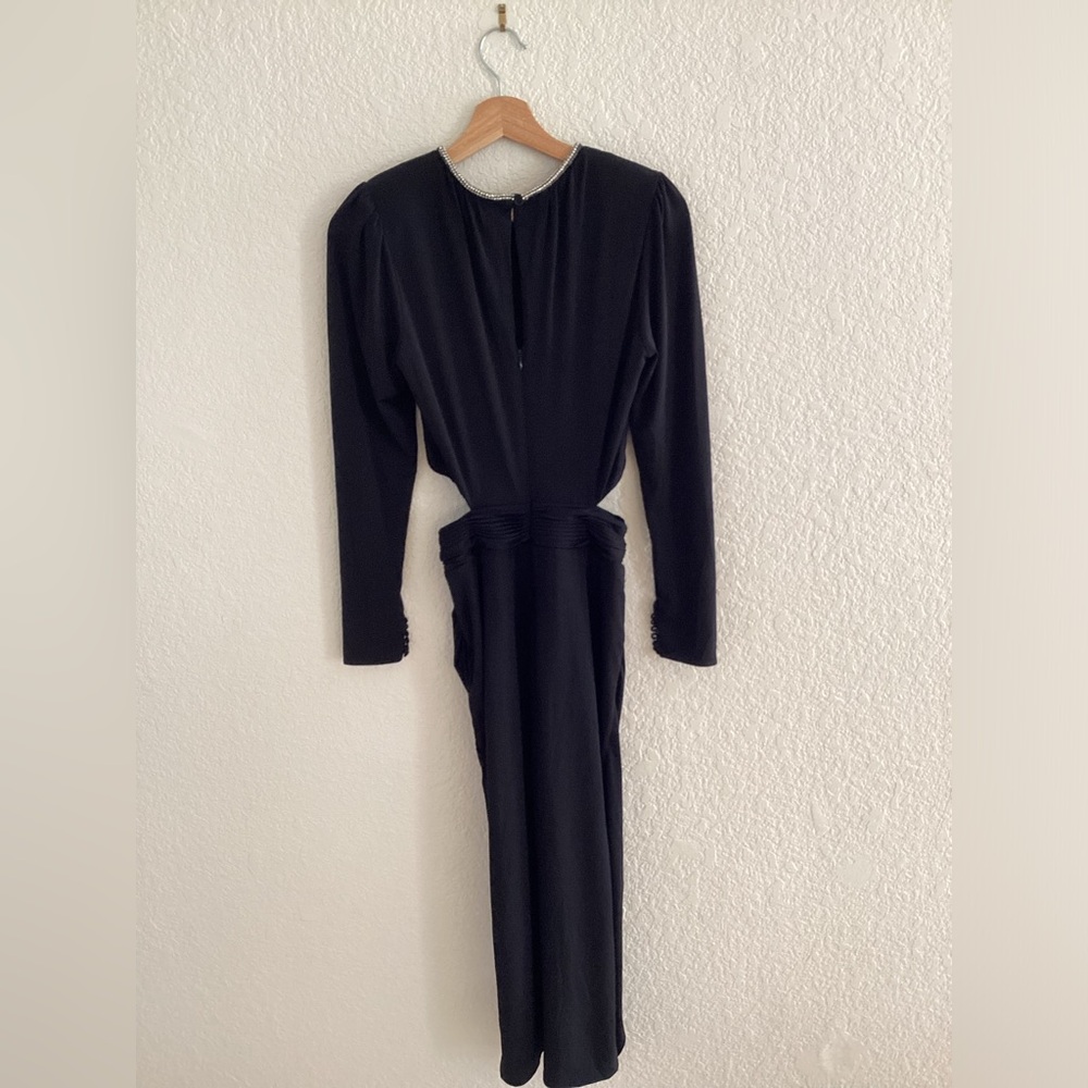 SELF-PORTRAIT Long Sleeve Cut-Out Rhinestone Black Jersey Midi Dress - Picture 3 of 10